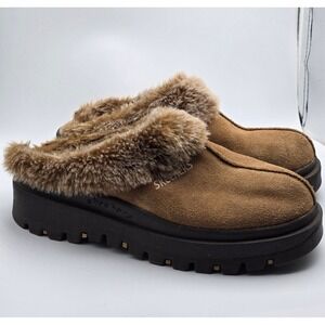 Skechers Womens 9 Brown Suede Faux Fur Platform Mule Clogs Y2K Cozy 45703TX